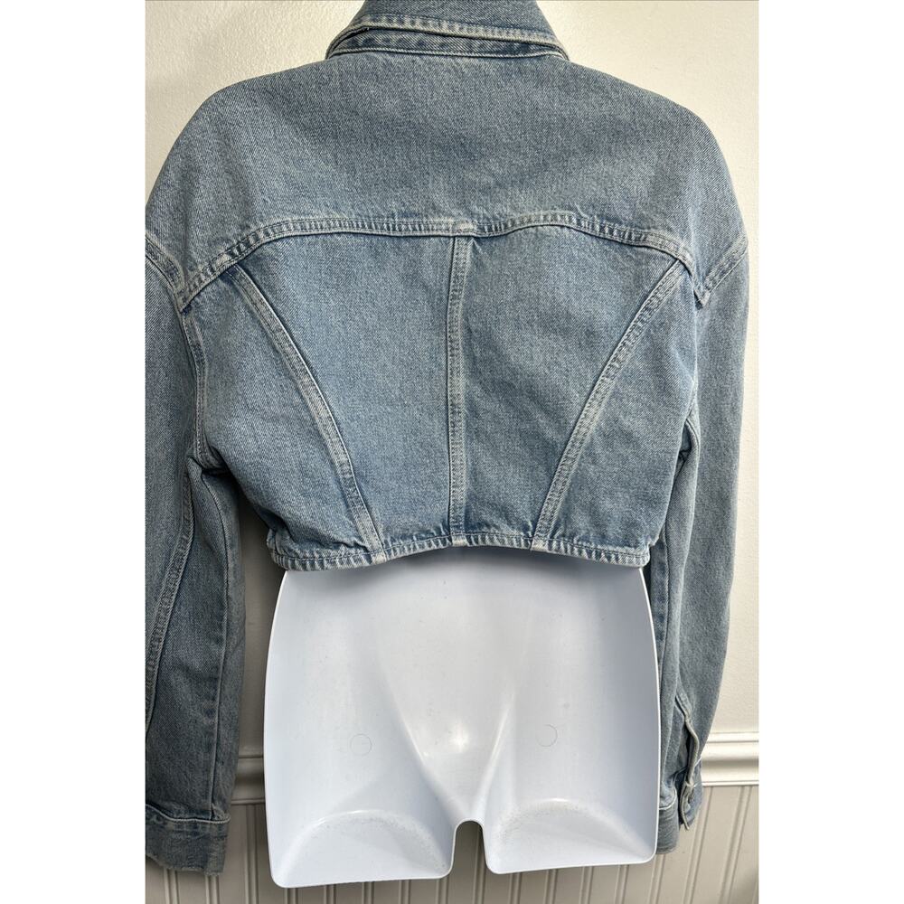 Zara Cropped Denim Bolero Jacket Cut Out Blue Size Medium High Crop New - Picture 3 of 9